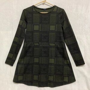 Zara Trafaluc Knit Dress Green Black Geometric Retro Womens SZ Small Long Sleeve